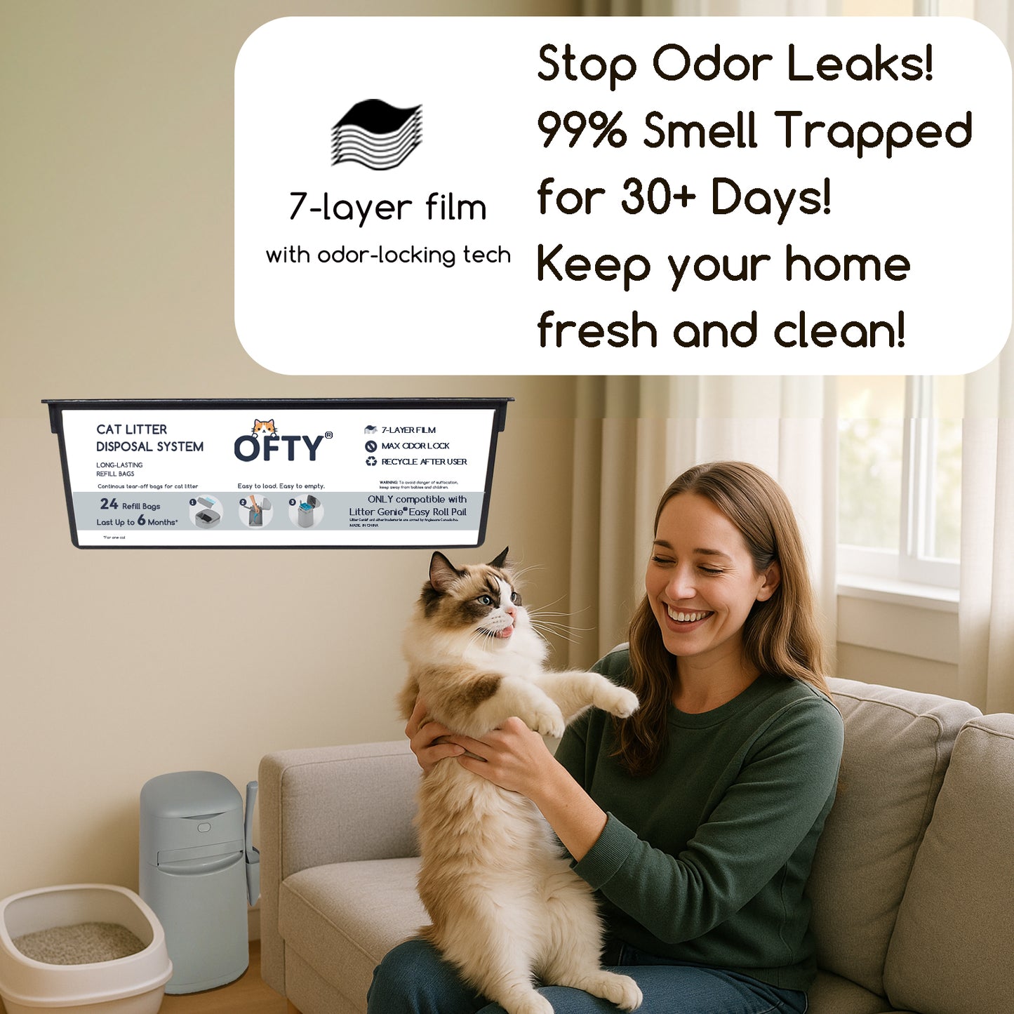 The Best Alternative Litter Genie Easy Roll 48 Count: 7-Layer OdorLock Technology, Leakproof Heavy Duty Cat Litter Bags – OFTY